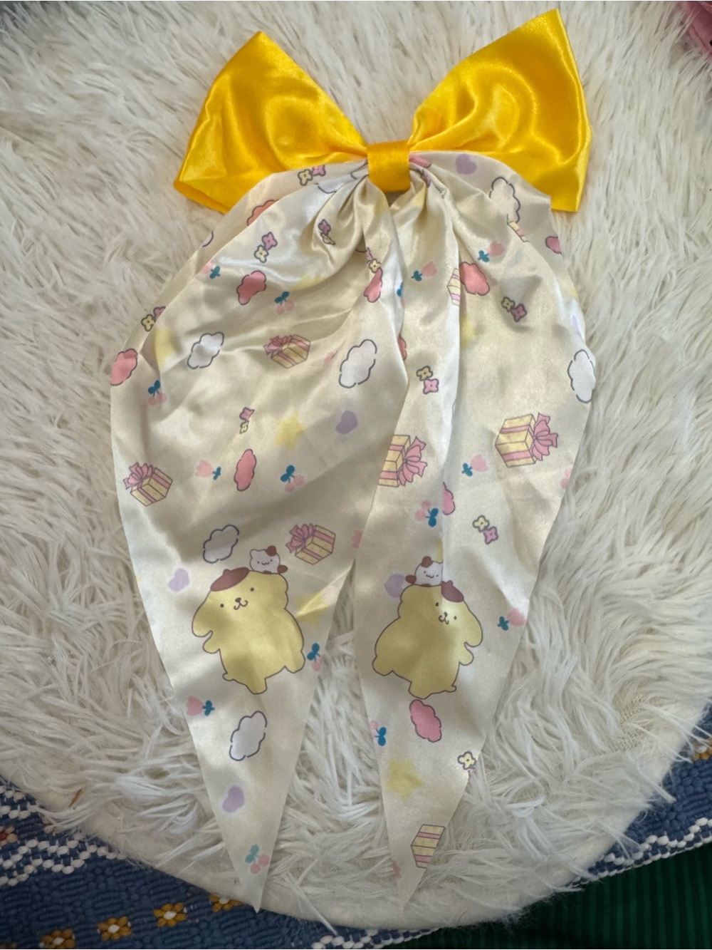 Pompompurin Yellow silky coquette Bow Scarf Hair pin with Cute Character Print